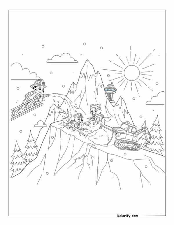 Marshall, Everest and Rubble on a snowy peak coloring page