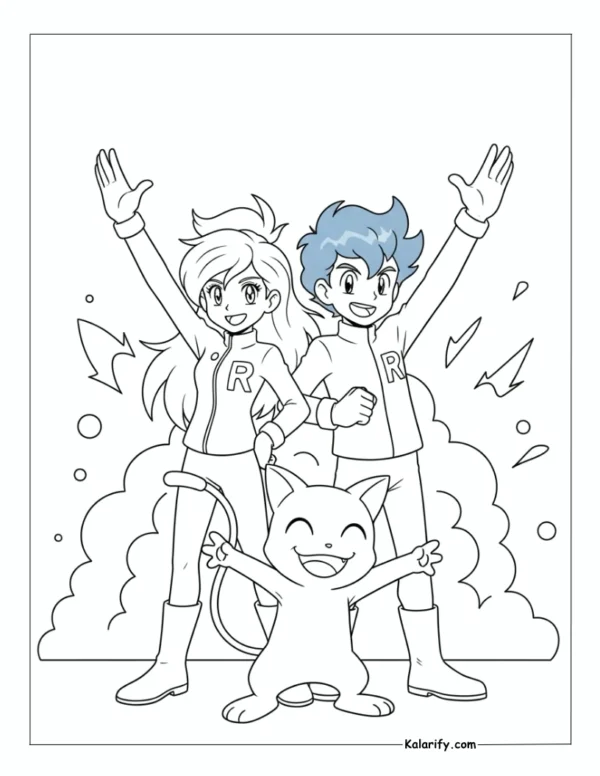 Meowth with Jessie and James striking a fun team rocket pose