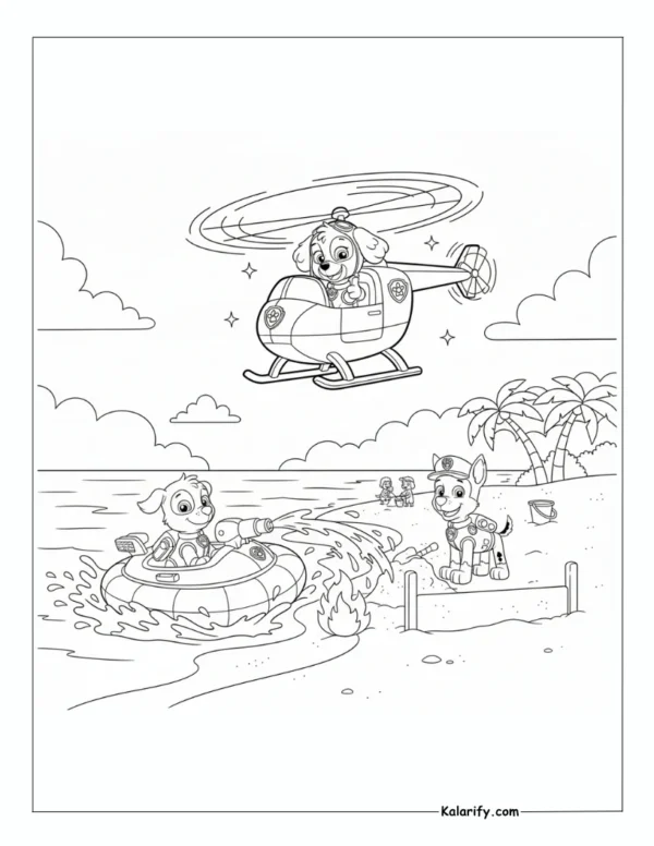 Paw Patrol Zuma, Skye and Chase on a beach coloring page