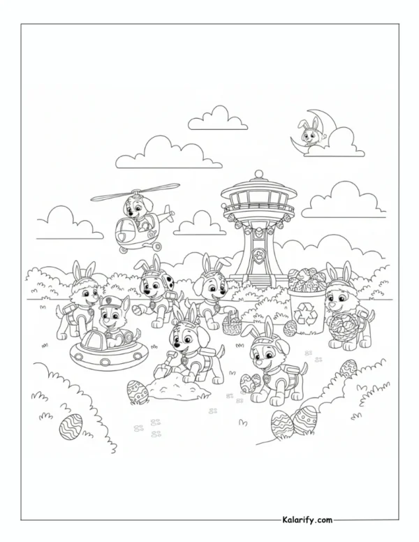 Paw Patrol enjoying an Easter Egg Hunt coloring page