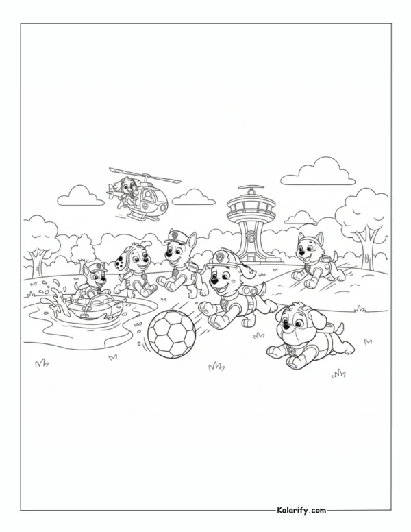 Paw Patrol playing with a ball coloring pages