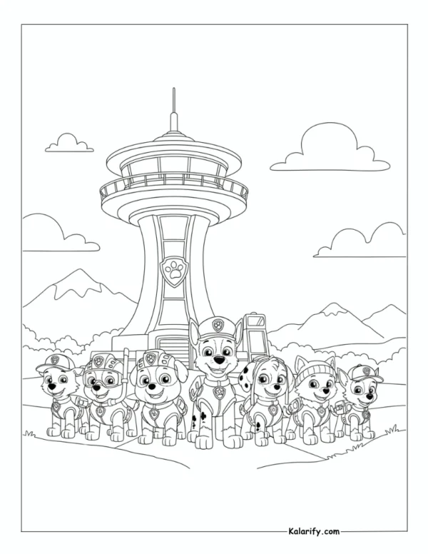 Paw Patrol pups standing in front Tower coloring page