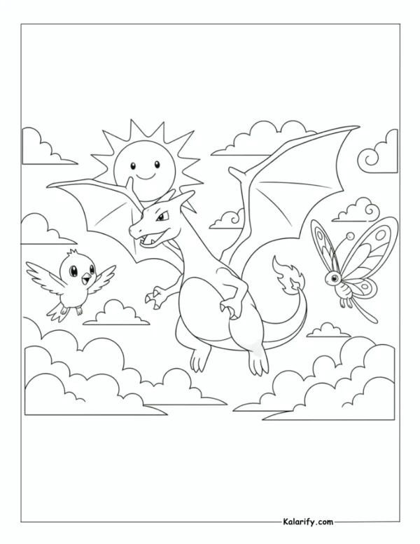 Pidgey, Butterfree and Charizard flying among coloring page