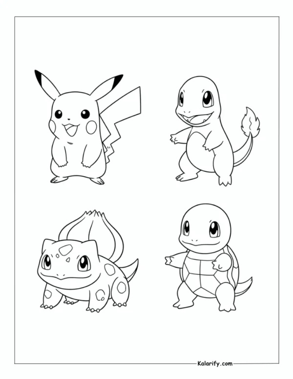 Pikachu, Bulbasaur, Charmander and Squirtle coloring page