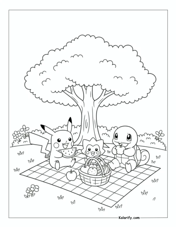 Pikachu, Squirtle and Togepi having a picnic coloring page