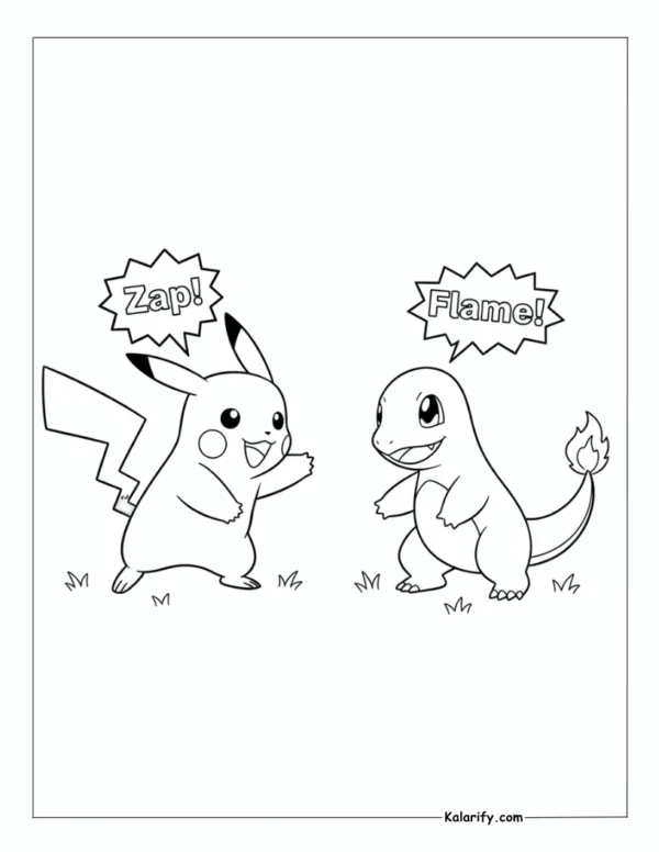 Pikachu and Charmander facing each other coloring page