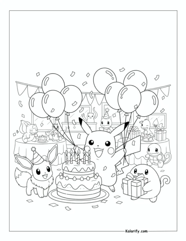 Pikachu at a birthday party with balloons coloring page