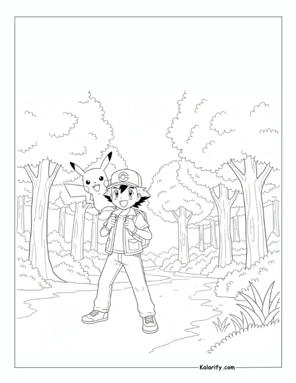 Pikachu standing beside Ash Ketchum in a forest coloring page