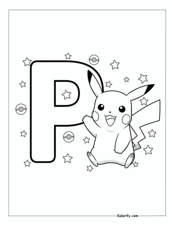 Pikachu surrounded by stars and pokeballs coloring page