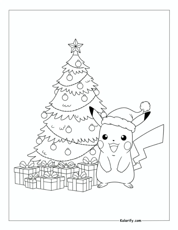 Pikachu wearing santa hat Pokemon coloring page