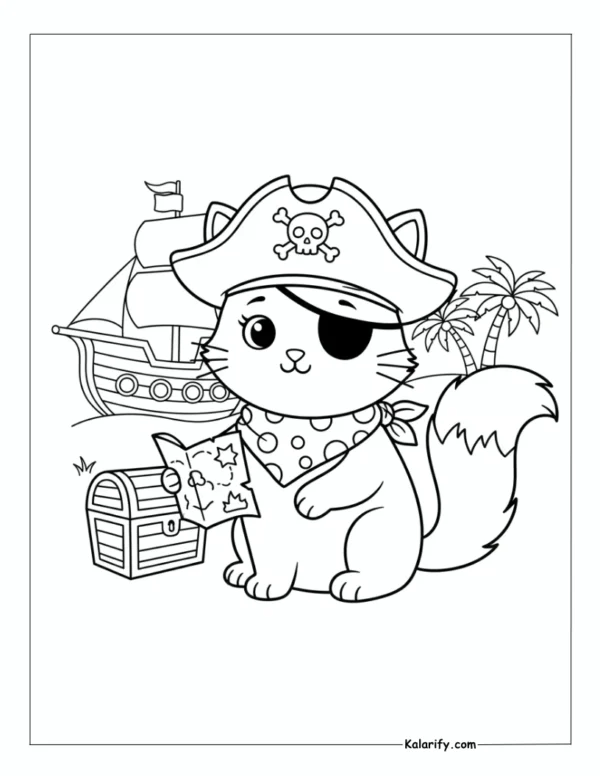 Pirate Cat wearing a hat and eye patch coloring page