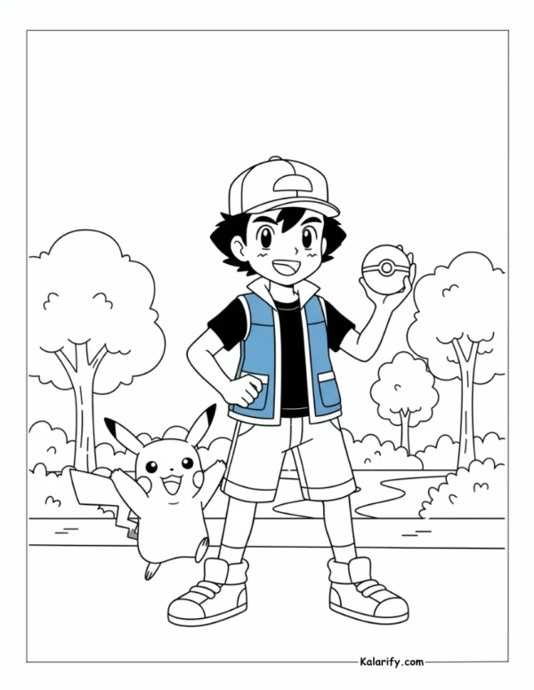 Pokemon trainer boy holding a Pokeball coloring page