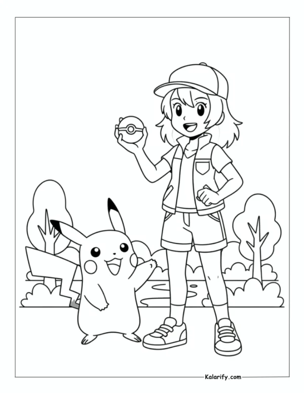 Pokemon trainer girl holding a Pokeball coloring page