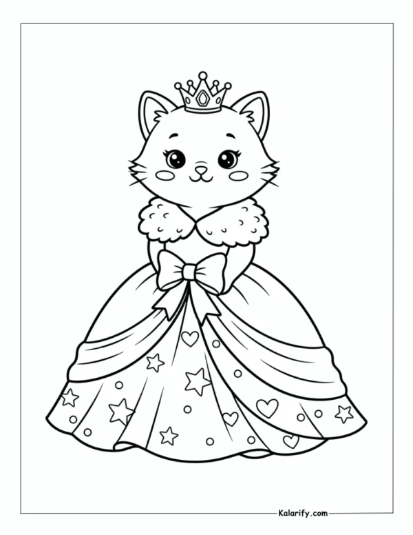 Princess Cat wearing a crown and cute dress coloring page