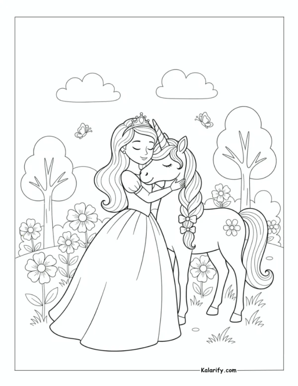 Princess giving a unicorn a hug coloring page