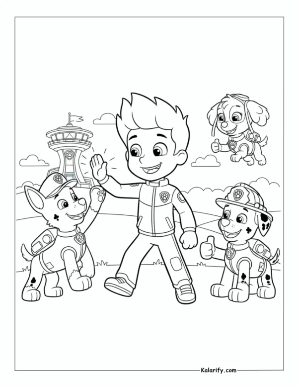 Ryder with his pups Paw Patrol coloring page