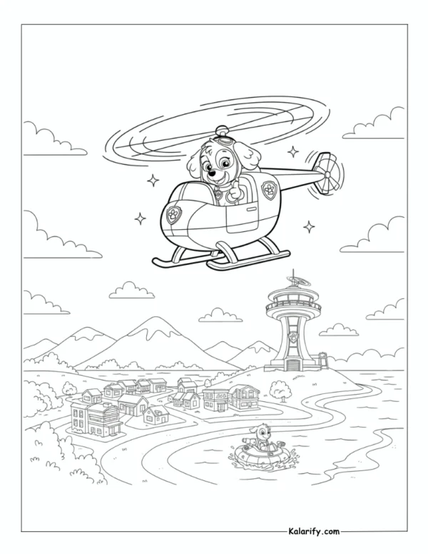 Skye flying her helicopter paw patrol coloring page