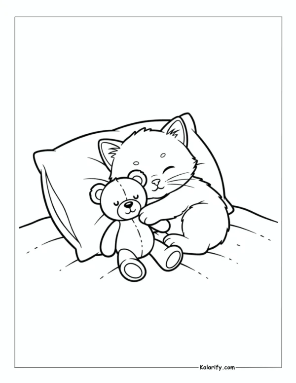 Sleeping Kitten with Teddy Bear coloring page