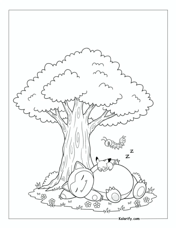 Snorlax peacefully sleeping under a tree coloring page