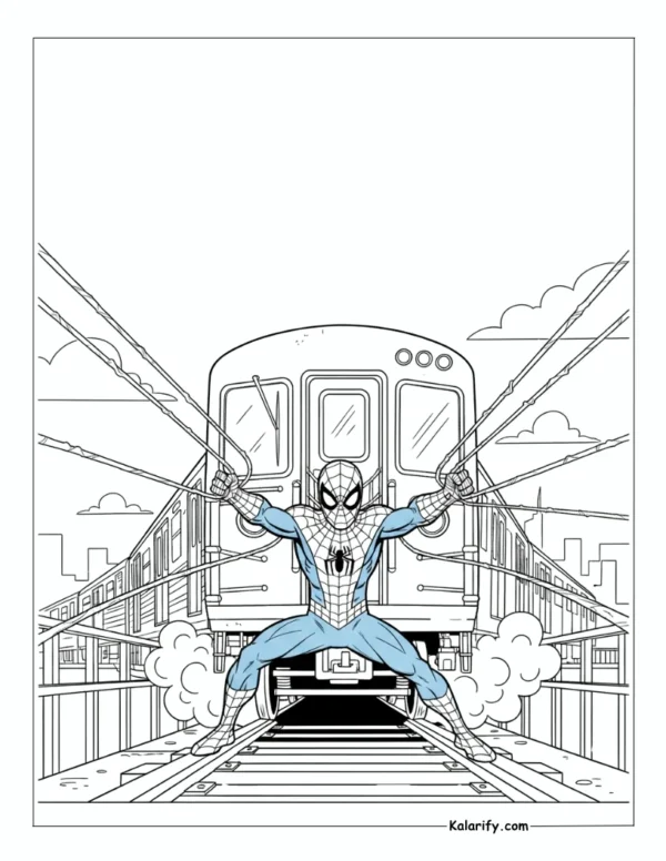 Spider-Man uses his webs to stop a train coloring Page