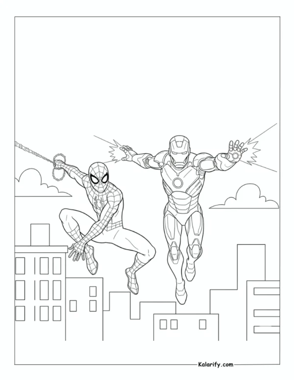 Spiderman And Iron Man working together coloring page