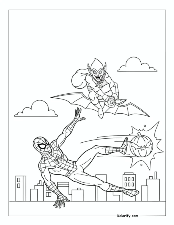 Spiderman and pumpkin bomb Green Goblin coloring page