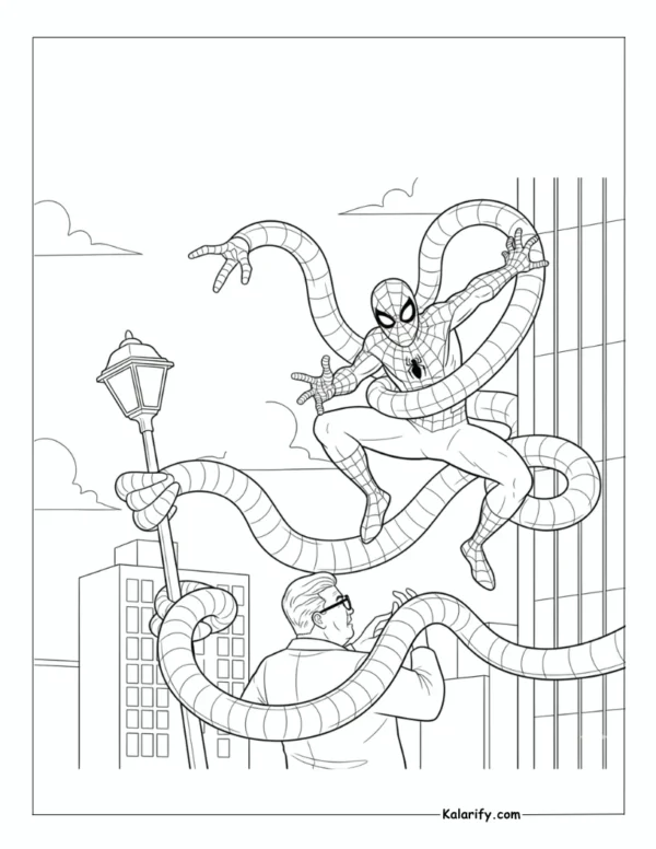 Spiderman entangled in Doctor Octopus arms coloring page