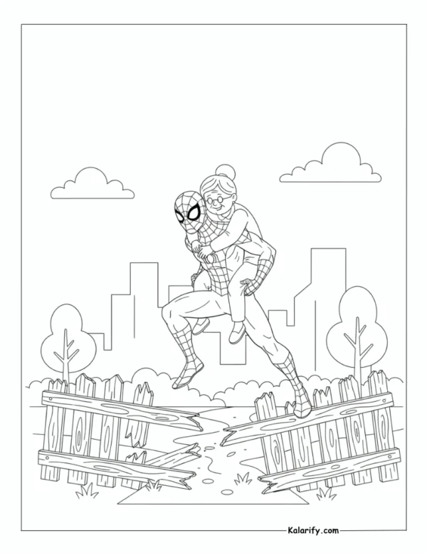 Spiderman helping an elderly person coloring page