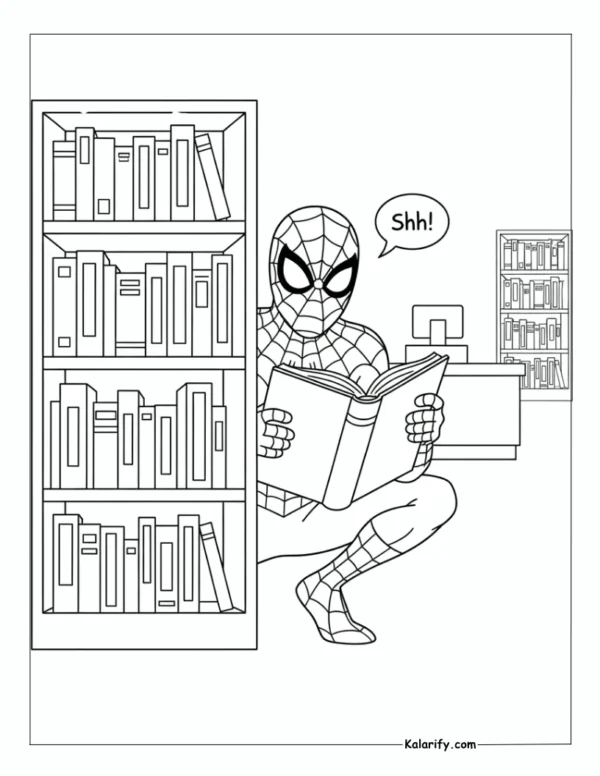 Spiderman hiding behind a shelf coloring page
