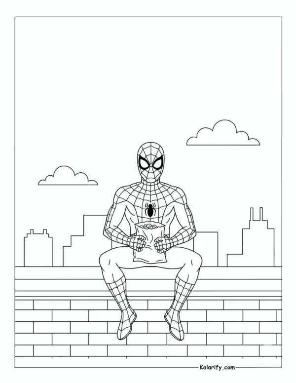 Spiderman holding a bag of snacks on rooftop coloring page