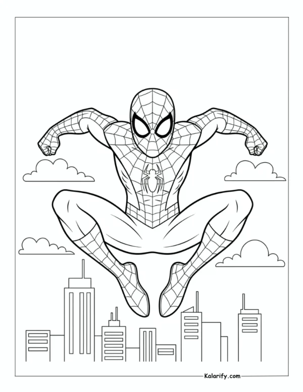 Spiderman in a dynamic jump pose coloring page