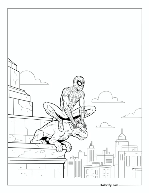Spiderman resting dramatically on stone coloring page