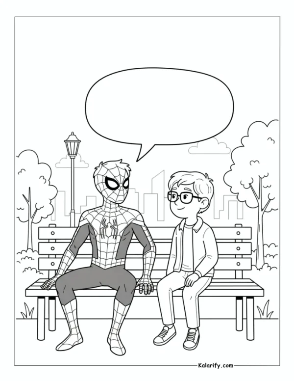 Spiderman sitting on a park bench coloring page