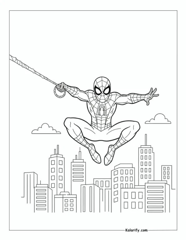 Spiderman soaring through the city coloring page