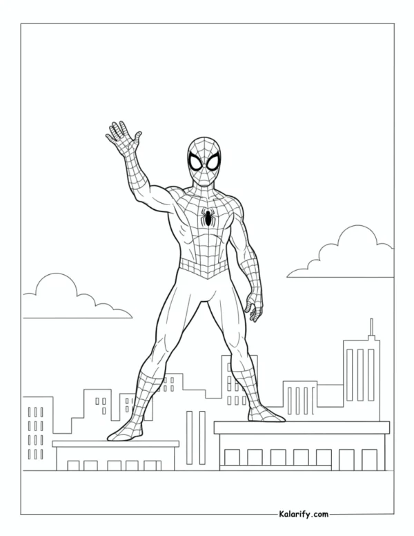 Spiderman standing on a rooftop coloring page