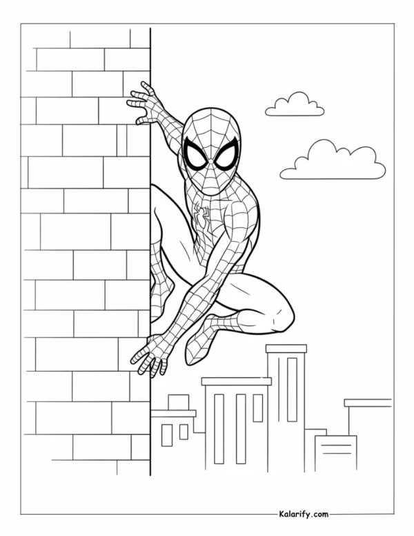 Spiderman stuck to the brick building coloring page
