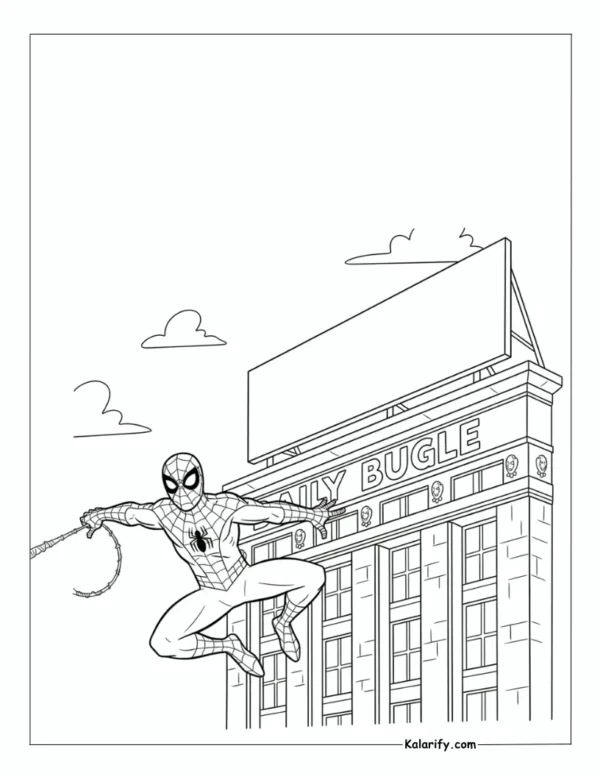 Spiderman swinging Bugle building coloring page
