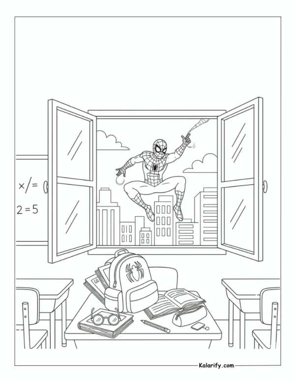Spiderman swinging outside coloring page