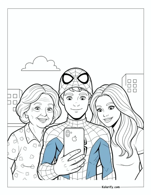 Spiderman taking a selfie with fan coloring page