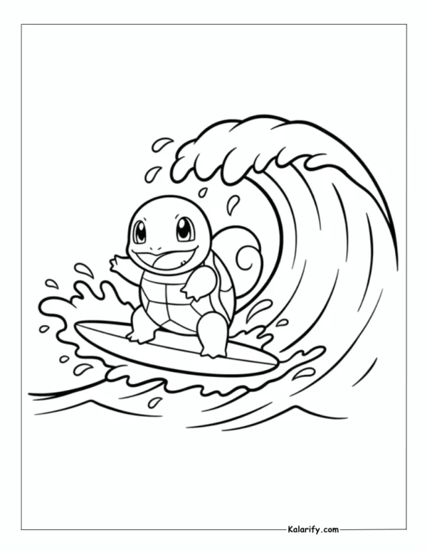 Squirtle surfing on waves coloring page