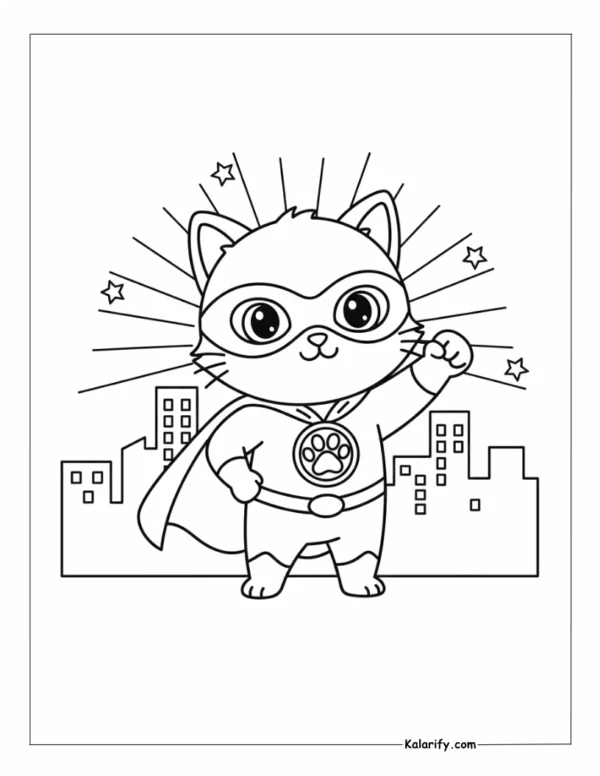 Superhero cat with cape and mask coloring page