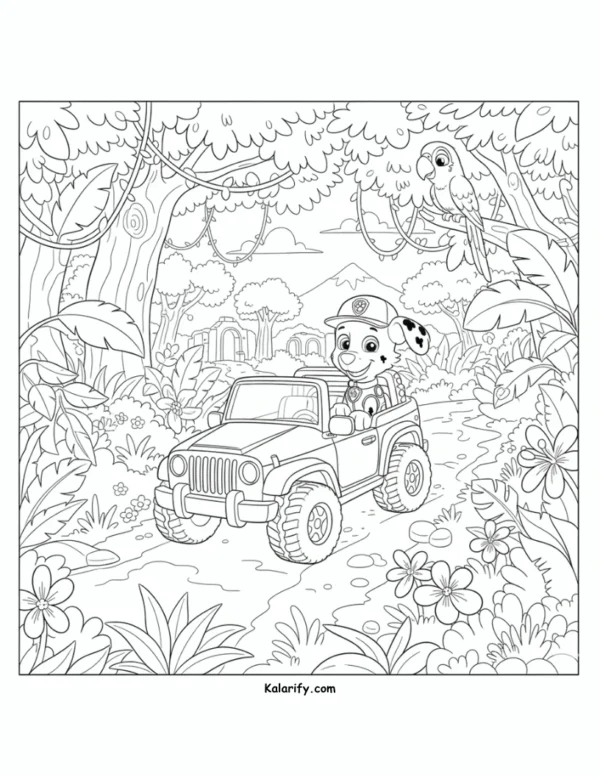 Tracker with his jeep paw patrol coloring page