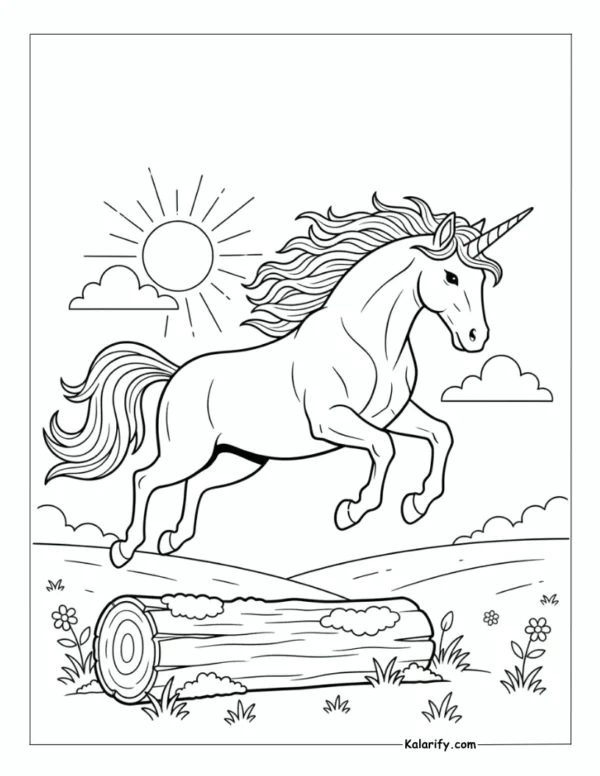 Unicorn Jumping over a fence coloring page