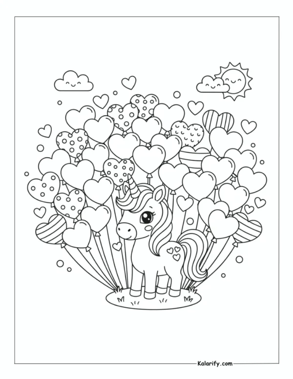 Unicorn Valentine day coloring page