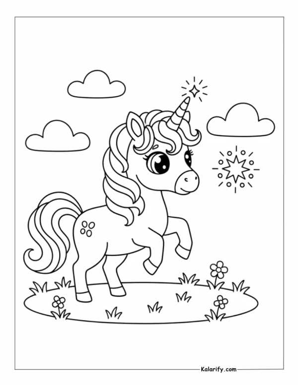 Unicorn attempting to conjure a cloud coloring page