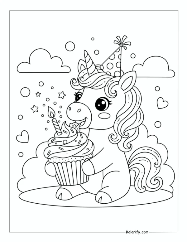 Unicorn enjoying a magical cupcake coloring page