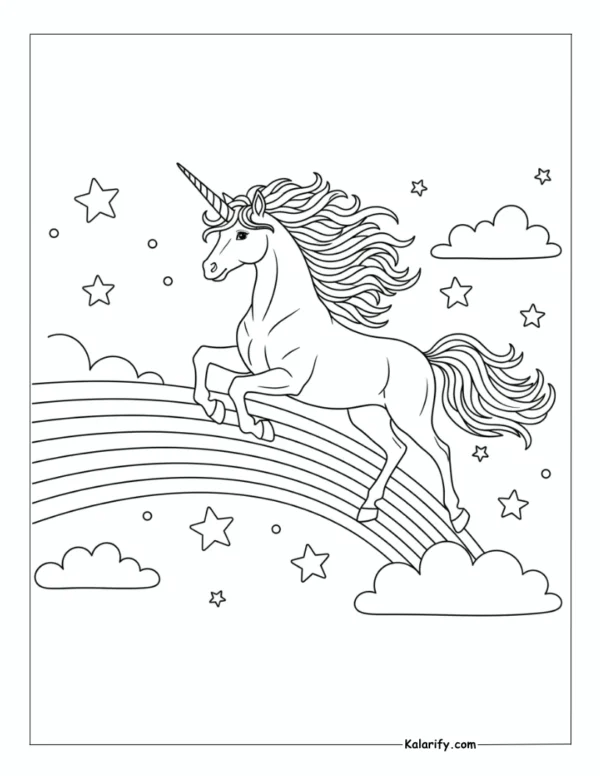 Unicorn galloping across a rainbow sky coloring page