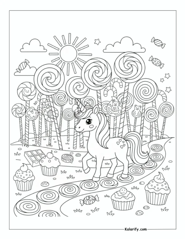 Unicorn in a sweet candy land coloring page