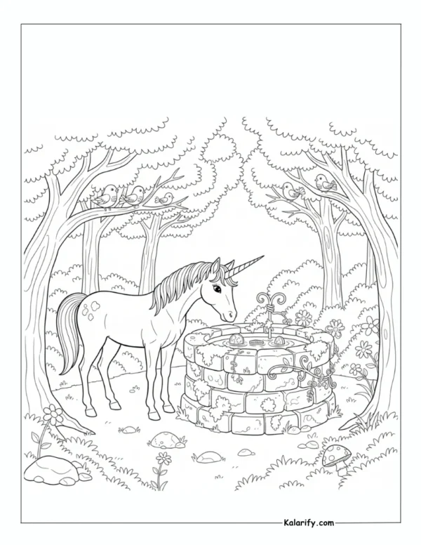 Unicorn looking into a mossy well coloring page