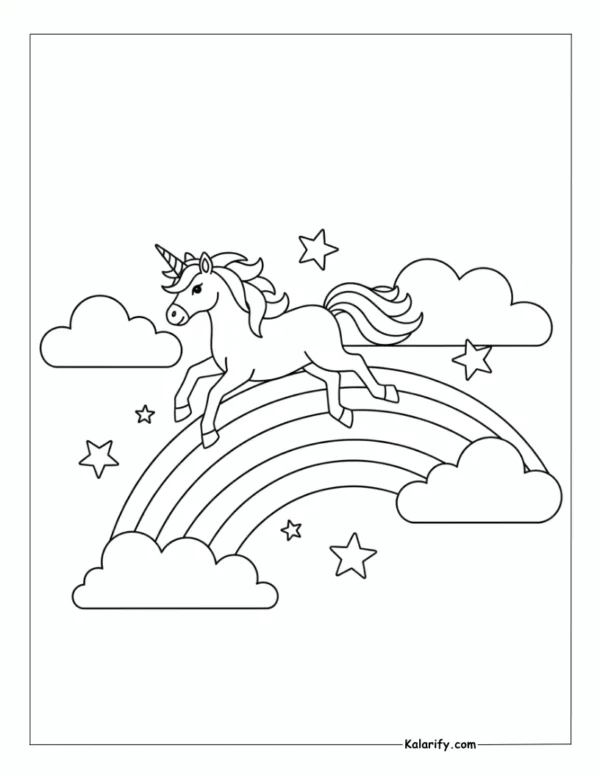 Unicorn on a rainbow coloring page